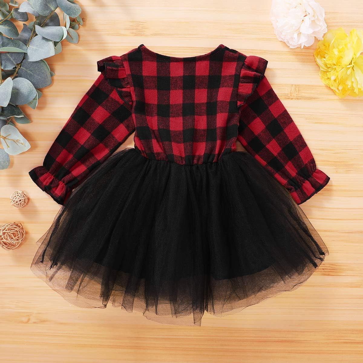 Toddler Baby Girls Christmas Outfit Buffalo Plaid Ruffle Long Sleeve Shirt Tutu Skirt Dress Clothes