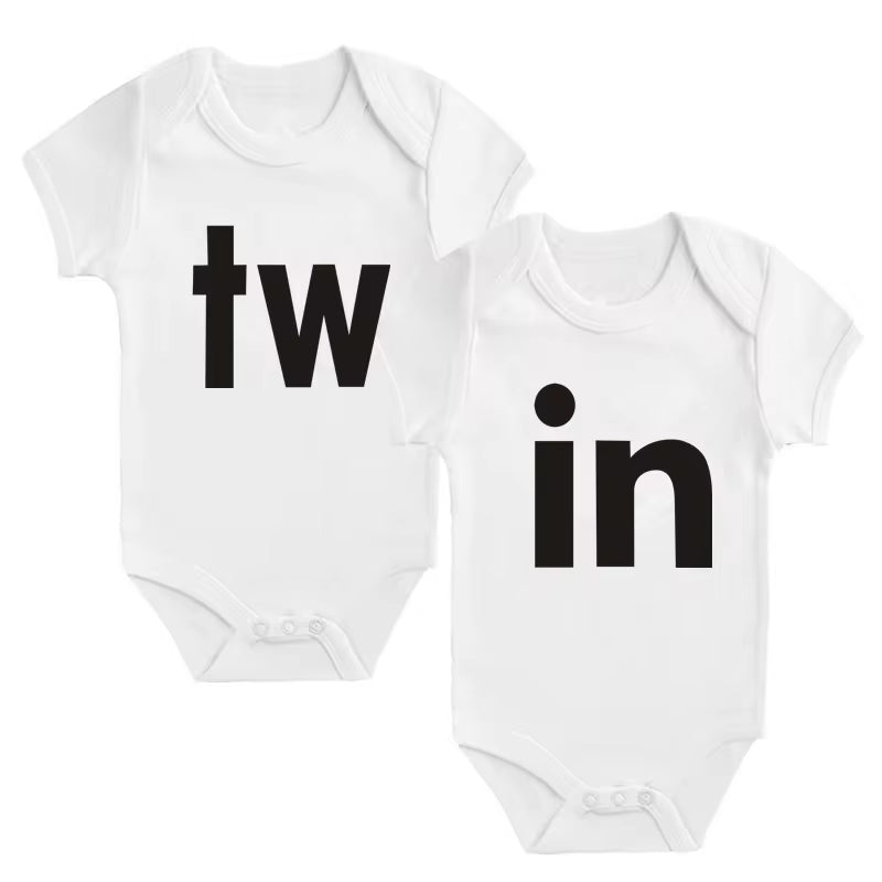 TW & in Letter Print Newborn Infant Baby Boys Girls Black Bodysuit Twins Romper Jumpsuit Outfits Hipster Baby Clothes 0-24M