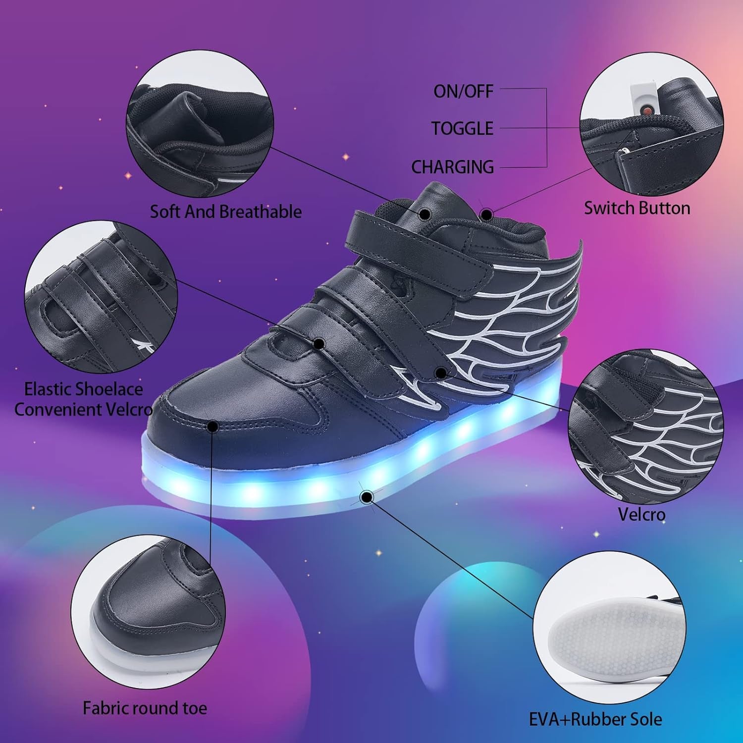 LED Shoes for Kids Light up Wings Sneakers for Boys Girls Hip-Top Flashing Sneakers for Festivals, Christmas, Halloween, New Year Party with USB Charging