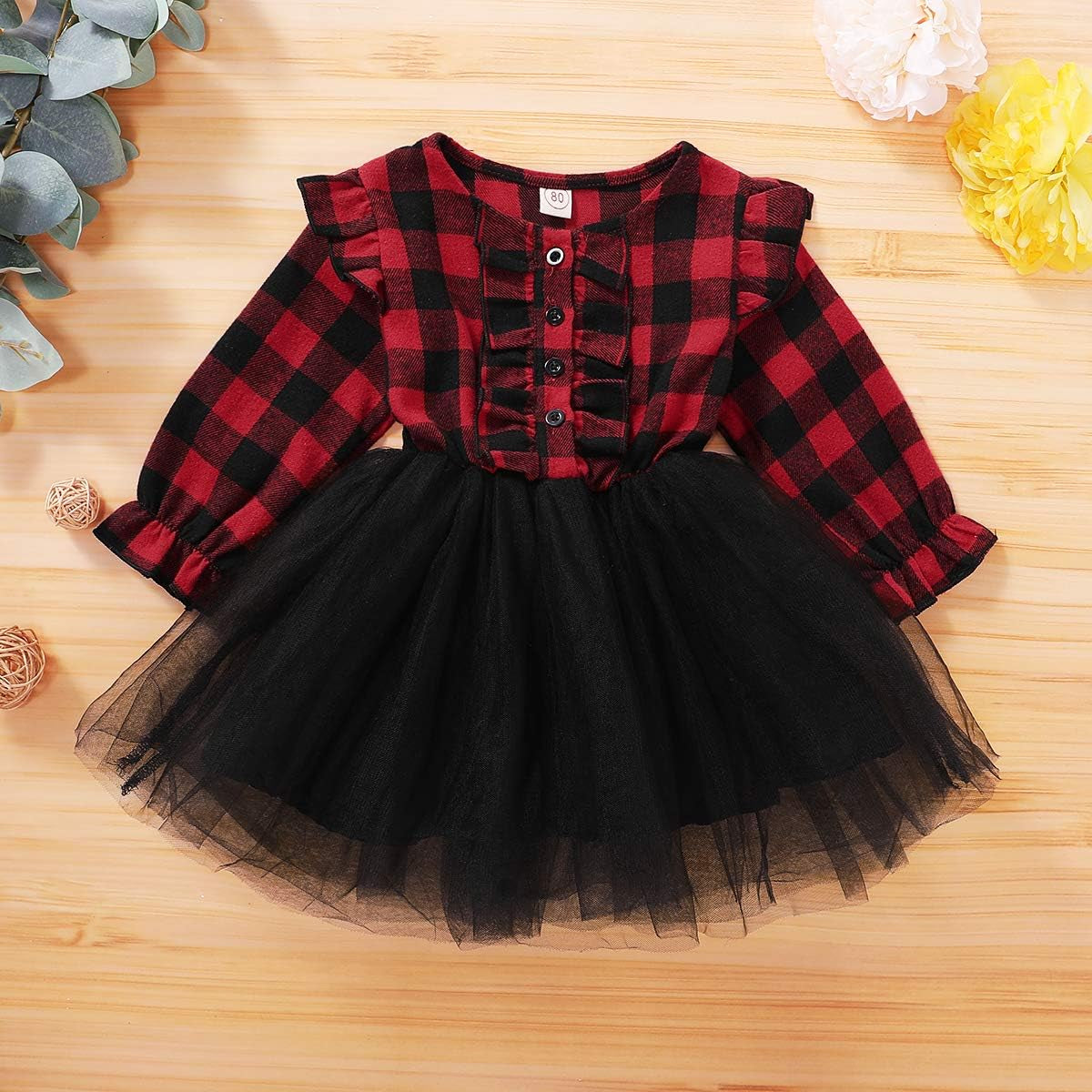 Toddler Baby Girls Christmas Outfit Buffalo Plaid Ruffle Long Sleeve Shirt Tutu Skirt Dress Clothes