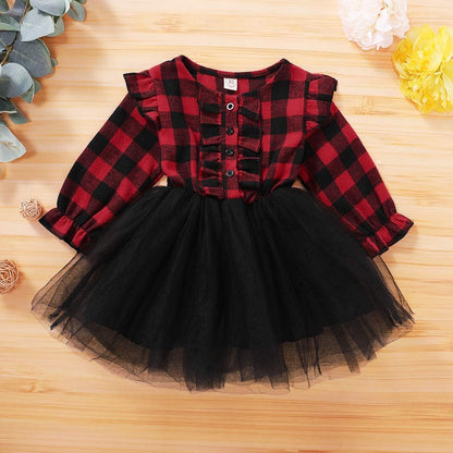 Toddler Baby Girls Christmas Outfit Buffalo Plaid Ruffle Long Sleeve Shirt Tutu Skirt Dress Clothes