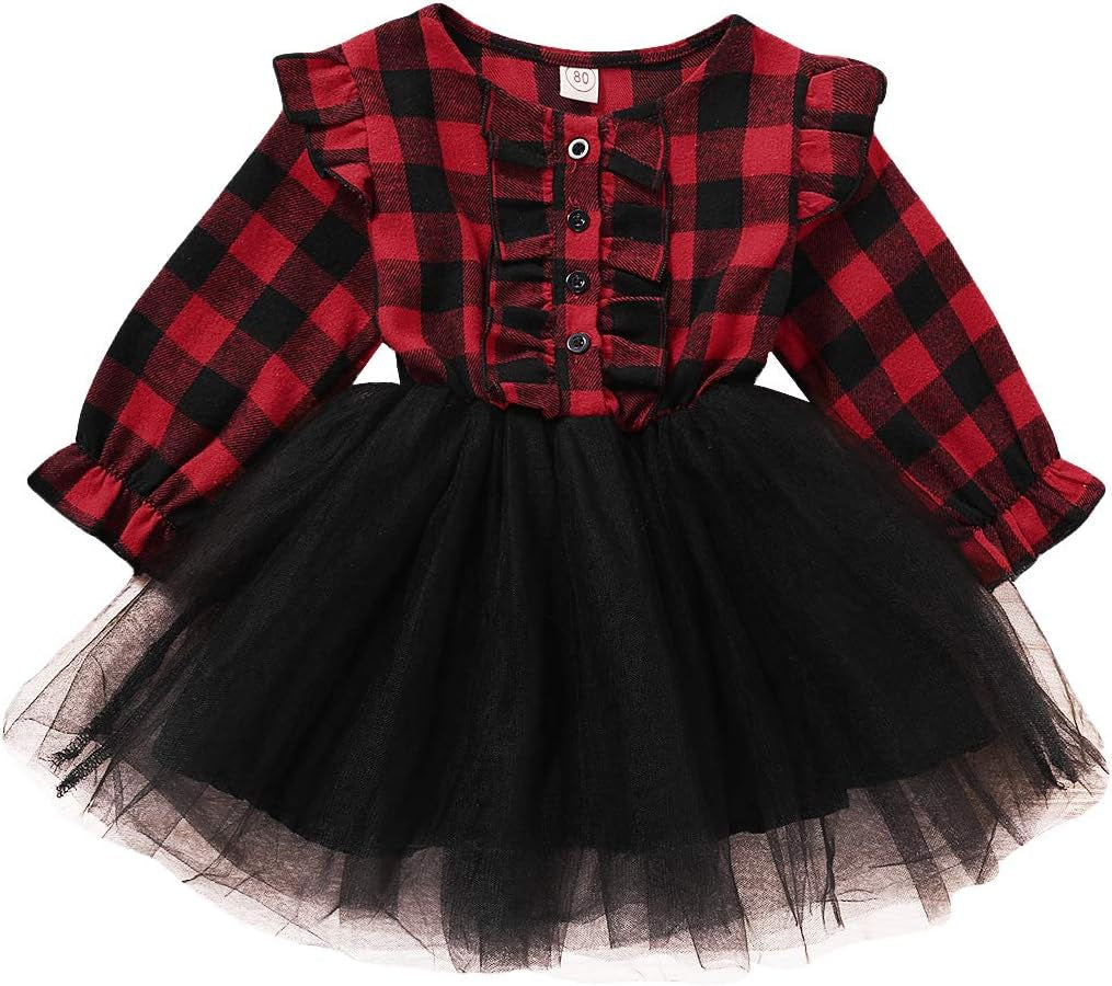 Toddler Baby Girls Christmas Outfit Buffalo Plaid Ruffle Long Sleeve Shirt Tutu Skirt Dress Clothes