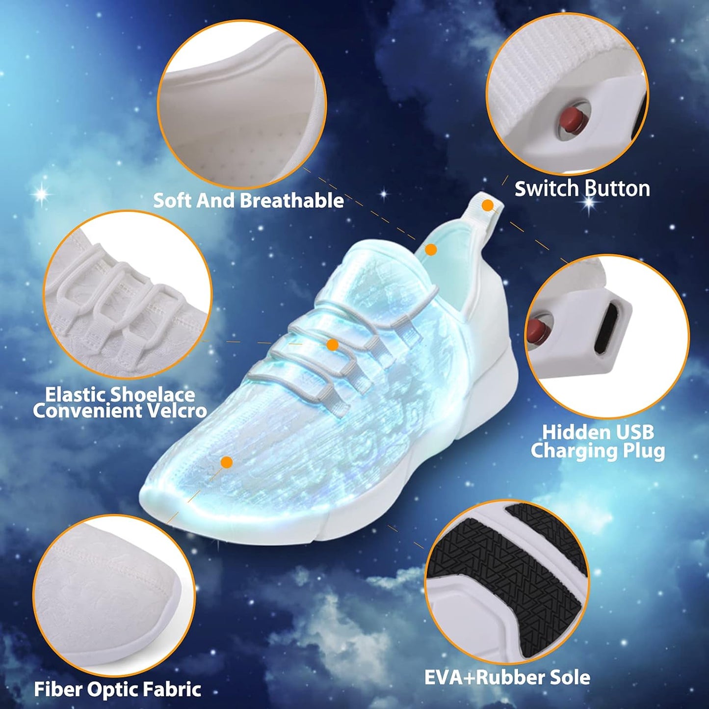 Fiber Optic Shoes Light up Sneakers for Women Men LED Luminous Trainers Flashing Shoes for Festivals,Halloween with USB Charging, White