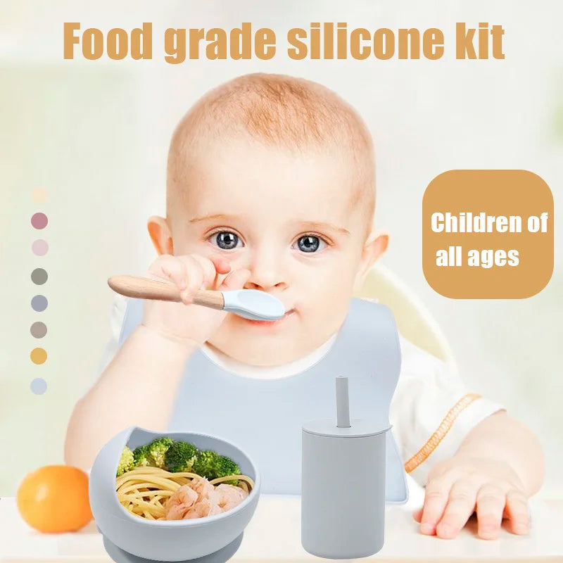 Baby Feeding Bowl Set Silicone Bibs Non-Slip Baby Silicone Tableware BPA Free Silicone Chewing Food Grade Newborn Accessories